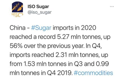 国际糖业组织（ISO）发布中国进口糖信息 2020年进口527万吨创历史新高