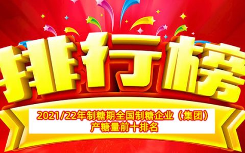 2021/22年制糖期全国制糖企业(集团)产糖量前十排名