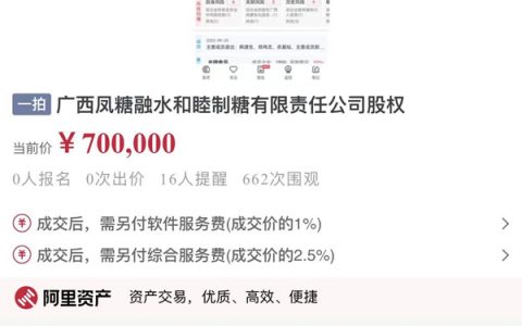 广西凤糖融水和睦制糖有限责任公司股权将以70万元拍卖