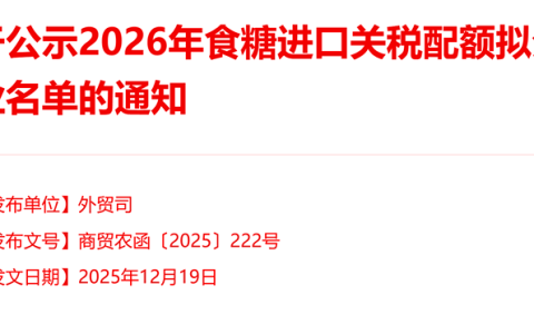 关于公示2026年食糖进口关税配额拟分配企业名单的通知！一共265家 看看有没有你家！