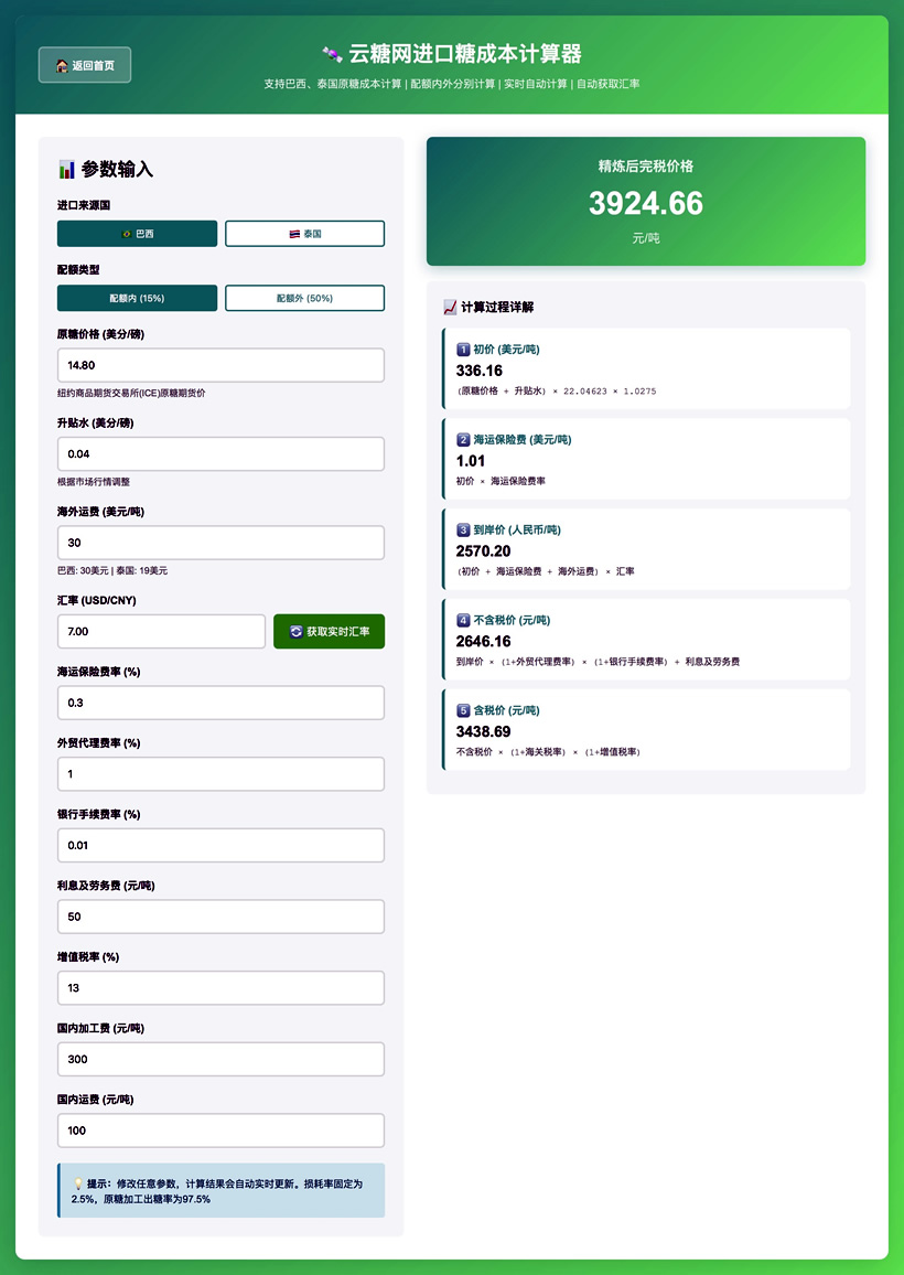 进口糖成本计算器更新了!响应式结果显示,添加实时汇率……