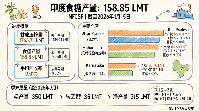 NFCSF:截至1月15日印度产糖1588.5万吨 同比增长21.6%