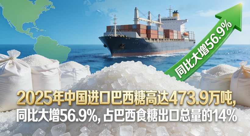 2025年中国进口巴西糖474万吨，同比大增56.9%，占巴西食糖出口总量的14%