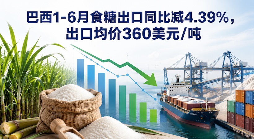巴西:上半年出口食糖1229万吨,均价360美元/吨,同比降价21%