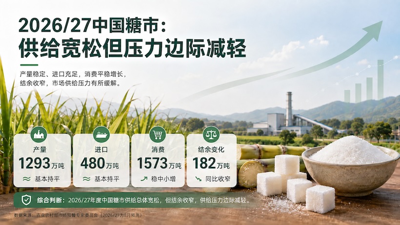 农业农村部供需形势解读:2026/27中国食糖产量仍近1300万吨,消费增长停滞但压力边际减轻