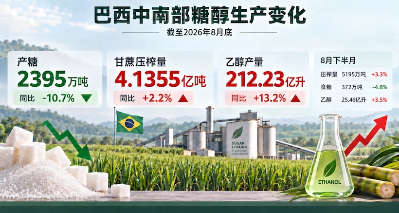 巴西:截至8月底已产糖2395万吨,同比减10.7%,甘蔗压榨量同比增2.2%