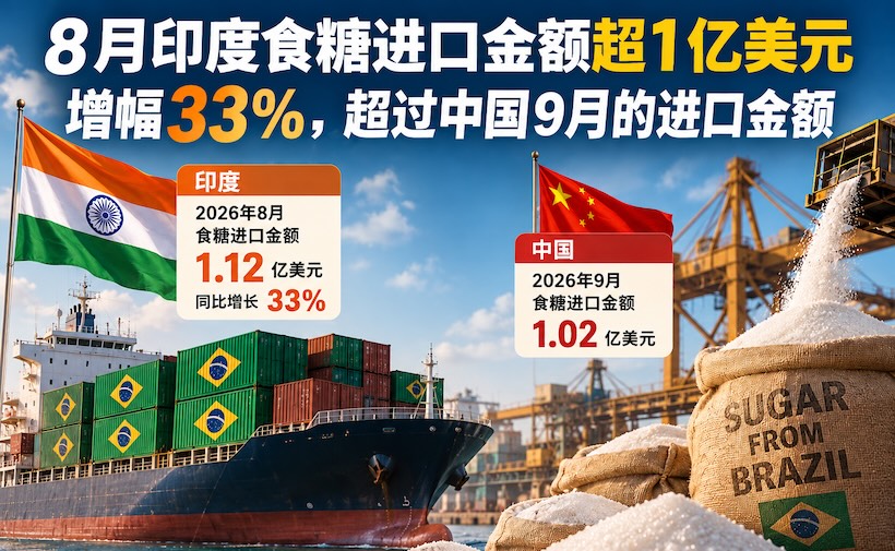 8月印度食糖进口额超1亿美元,同比增长33%,竟超过中国9月进口金额!